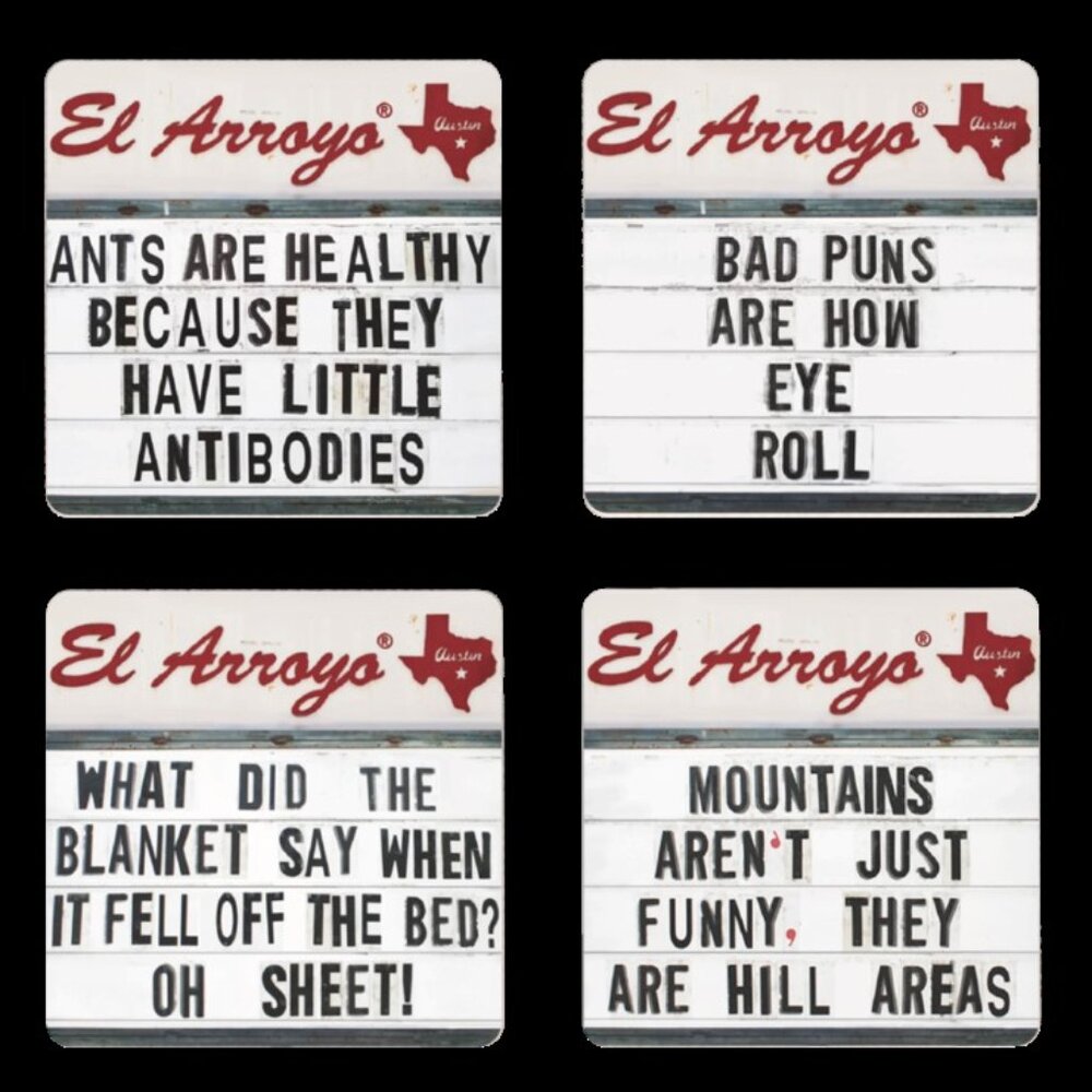 El Arroyo Famous Sign Dad Jokes Coaster Set of 4 Austin TX Funny Gift NEW